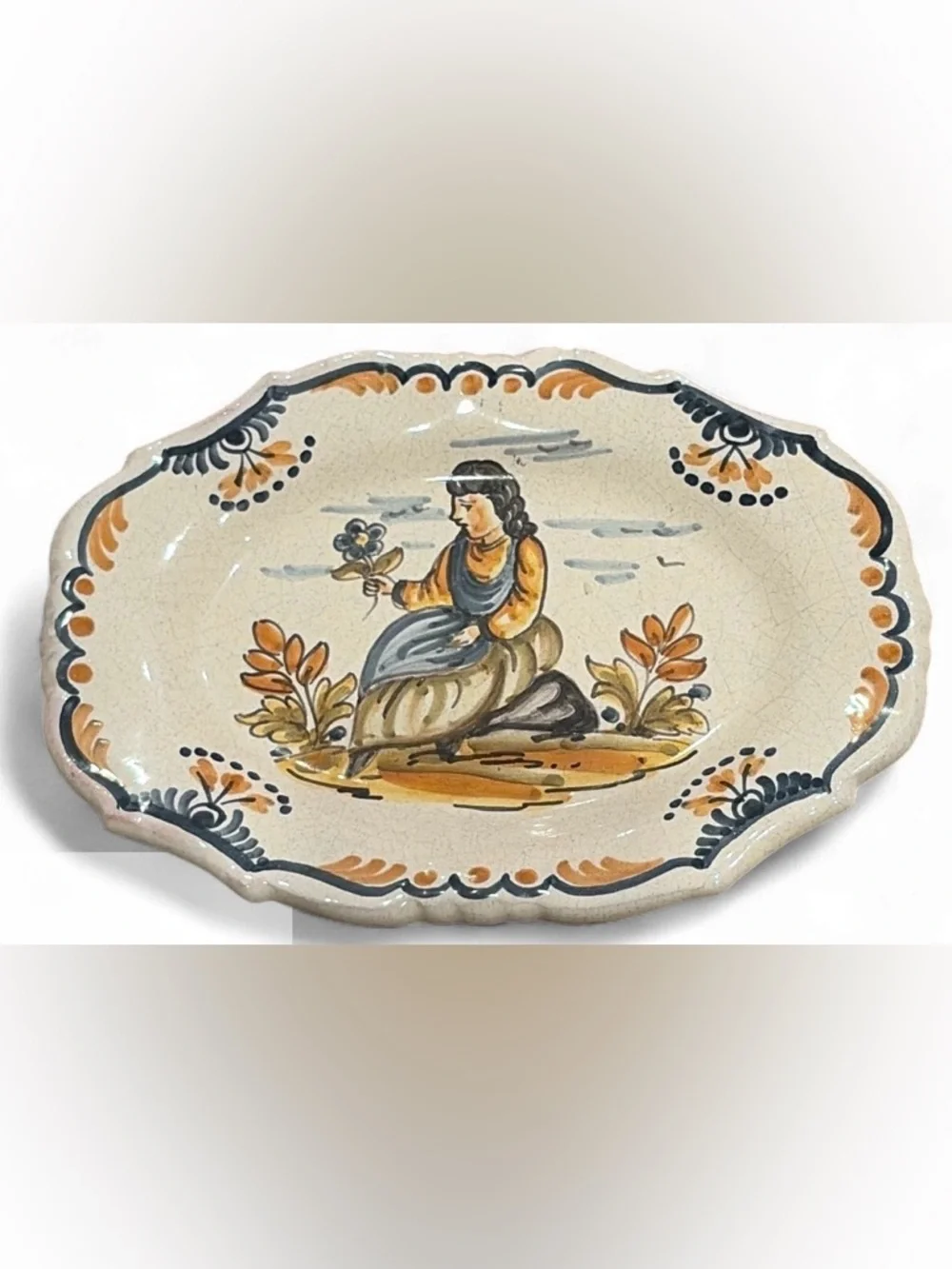 Antique Italian Majolica Faience Serving Plate Hand Painted Girl Woman w Flowers